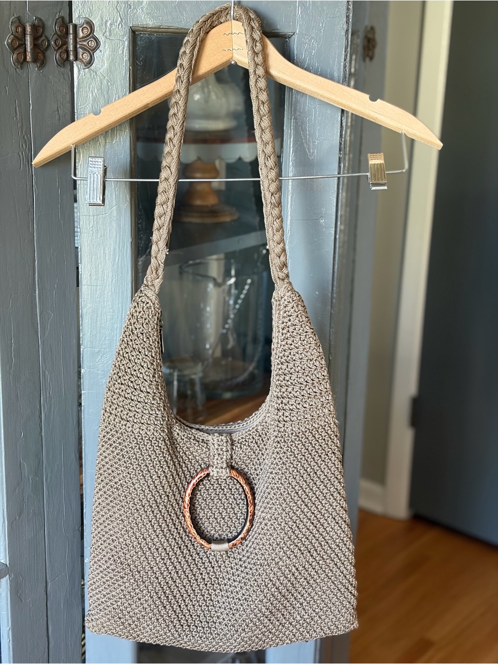 Lina Handwoven Taupe Shoulder Bag with Wooden Ring